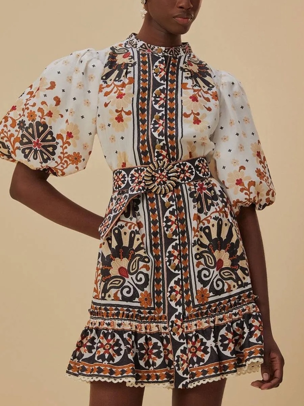 NWT FARM Rio FLOWER FAN TAPESTRY OFF-WHITE MINI DRESS Size XXS
